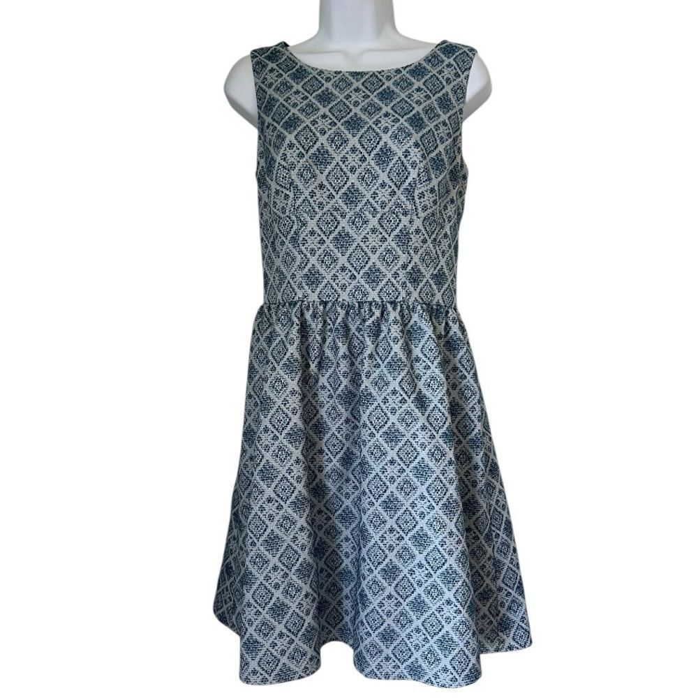 Halogen Teal Blue Diamond Jacquard Fit Flare Sleeveless Timeless Classic Dress 4